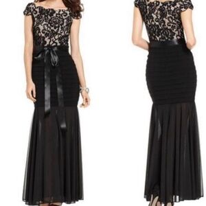 Betsy & Adam Black Fit & Flare Off-the-Shoulder Chiffon and Lace Gown, Size 10